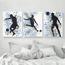 3 件套艺术装饰足球帆布墙艺术套装，现代经典蓝色墨水卡通剪影印刷品，松木框架，防水室内外装饰，适用于家庭办公室、客厅、卧室、餐厅礼物生日毕业