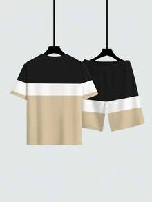 2pcs/Set Plus Size Men Casual Contrast Color Spade Graphic T-Shirt Set, Suitable For All Seasons - Multicolor - View 4