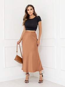 Elegant Long Skirt Women's Fashion Satin Skirt With Side Zipper Code167 - 卡其色 - 查看 2