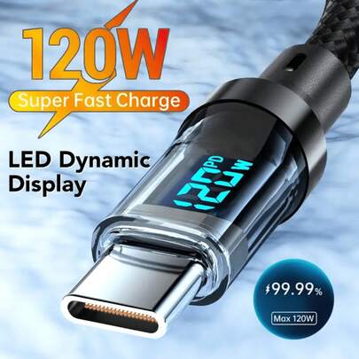 kamyuurs 120W 超快充 USB A 转 Type-C 数据线，带 LED 数字显示屏，磨砂表面，支持数据同步、USB 电源传输，6A 大电流，兼容 17/16、小米、POCO、三星、华为等手机，支持快充（注：仅 C-C 数据线支持 快充，A-C 数据线仅支持 普通充电）。