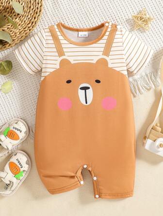 男婴休闲可爱小熊印花短袖连体衣套装，适合夏季和户外活动穿着