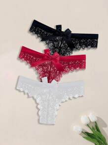 3 peças Tanga com Renda Sexy, Com Laço Grande, Lingerie Sensual Transparente e Avistável