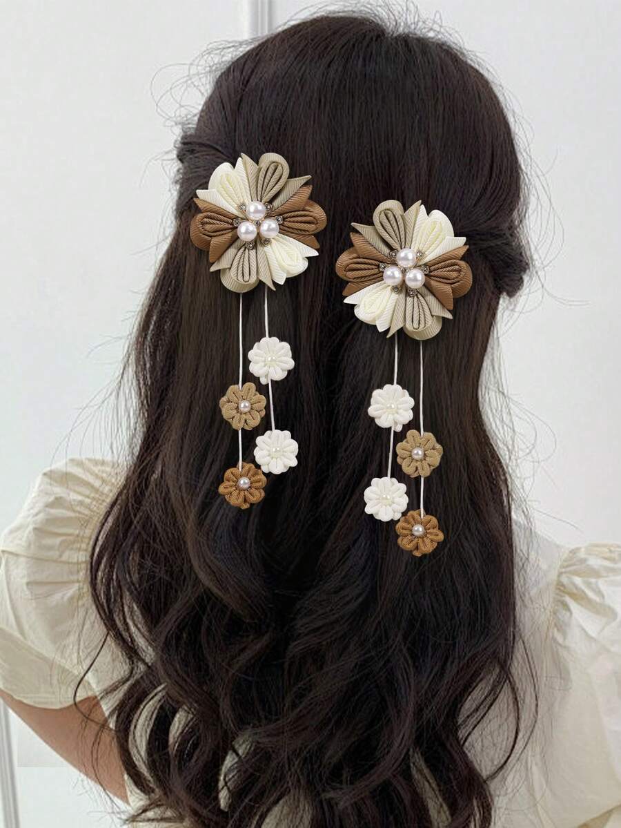 2 piezas Pinzas para el cabello con flor marrón, pinzas para el cabello con flor de unicolor y borla con decoración de perla falsa, adecuadas para uso diario y adolescentes - Multicolor - Ver 1