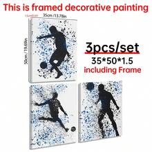 3 件套艺术装饰足球帆布墙艺术套装，现代经典蓝色墨水卡通剪影印刷品，松木框架，防水室内外装饰，适用于家庭办公室、客厅、卧室、餐厅礼物生日毕业