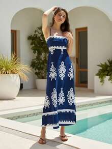 Women's Long Cami Dress Retro Print Sleeveless Spaghetti Strap Flowy A Line Dress With Pockets - Blue - View 3