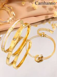 3pcs Simple And Elegant Personalized Stainless Steel Exquisite Jewelry The Perfect Gift For Friends And Couples Suitable For Parties And Birthday Parties Accessories Suitable For Men And Women - Gold - View 4