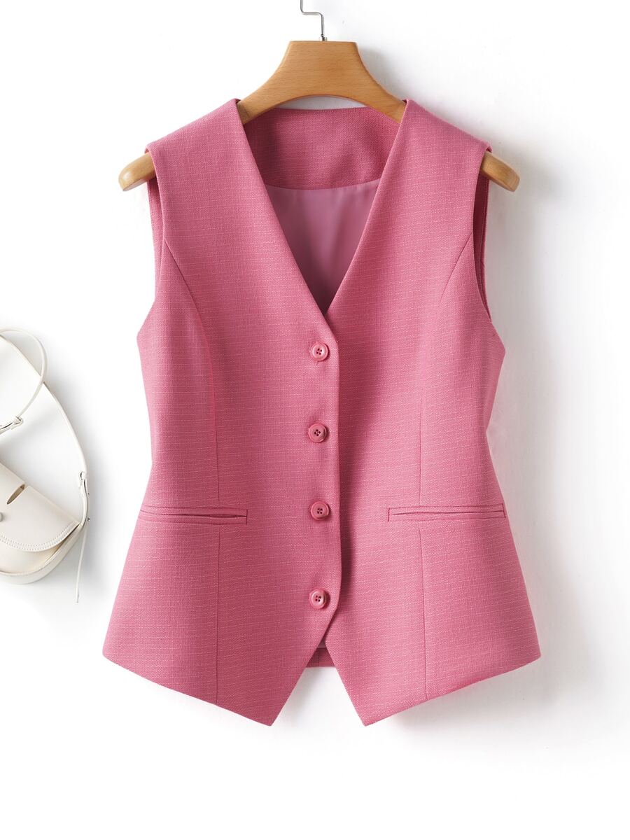 Women's Solid Color Vest, V-Neck Jacket, Spring/Autumn, Fashion Commuter, Ladies Garment Summer - Coral Pink - View 1