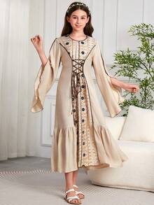 Tween Girl Dubai Retro Style Long Dress Robe, Fashion Long Gown Dress With Drawstring - Apricot - View 1