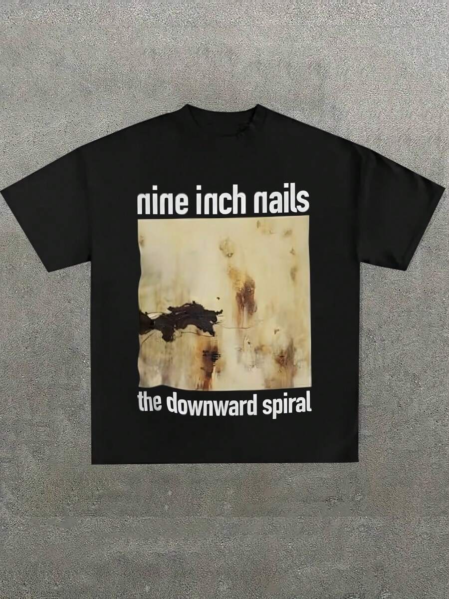 Plus Size Men's,Nine Inch Nails The Downward Spiral ,(1 Pcs )100% Cotton Casual Printed T-Shirt,Crew Neck Short Sleeve,220g Cotton T-Shirt,For Going Out,Gift,Summer,Unisex - 黑色 - 查看 1