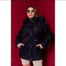 Jaqueta  Parka Lã Batida Longa Moda Feminina - Preto - Visão 1