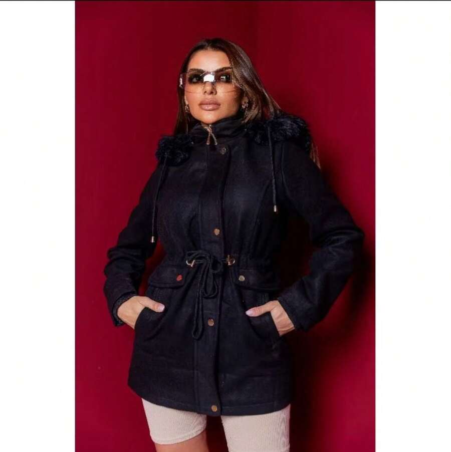 Jaqueta  Parka Lã Batida Longa Moda Feminina - Preto - Visão 1