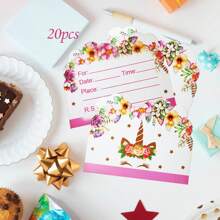 10pcs/20pcs Unicorn Themed Party Invitation Cards, Pink Floral Background Invitations Suitable For Wedding, Birthday, Gathering, Engagement And Other Celebrations