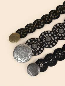 1 件装黑色 PU 圆盘拼接空心金属索环圆形女士腰带 夏季、秋季、万圣节