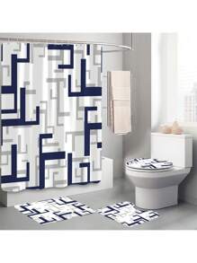 1pc/4pcs Abstract Modern Pattern Bathroom Waterproof Shower Curtain Set With 12 Hooks, Non-Slip Bath Mat, U-Shaped Contour Rug, And Round Toilet Lid Cover, Full Scene Bathroom Decor Set Back To School