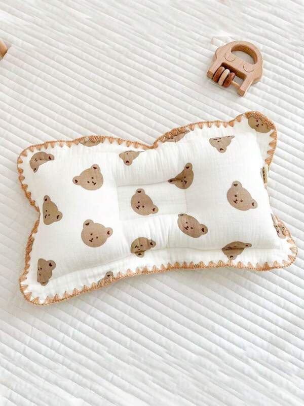 1pc Bear Pattern Rectangular Baby Head Shaping Pillow, Breathable Sweat-Absorbing All Season