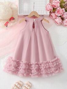Girl's Elegant Versatile Solid Color Round Neck Sleeveless Net Mesh Ruffle Hem Dress, Casual Wear