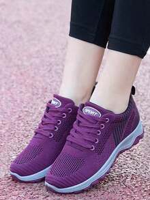 Zapatillas de deporte de malla transpirable de colores sólidos para mujer, cómodas zapatillas de deporte antideslizantes de puntera redonda con cordones, ligeras y amortiguadoras, zapatillas de deporte para pareja, zapatillas de deporte de mujer para fitness, correr y para el día a día. - Morado - Ver 2