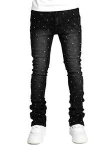 Rhinestone Skinny Stacked Jeans Mens Straight Leg Jeans Casual Pants Slim Fit Jeans Vintage Grunge Hip Hop Pants - 黑色 - 查看 1
