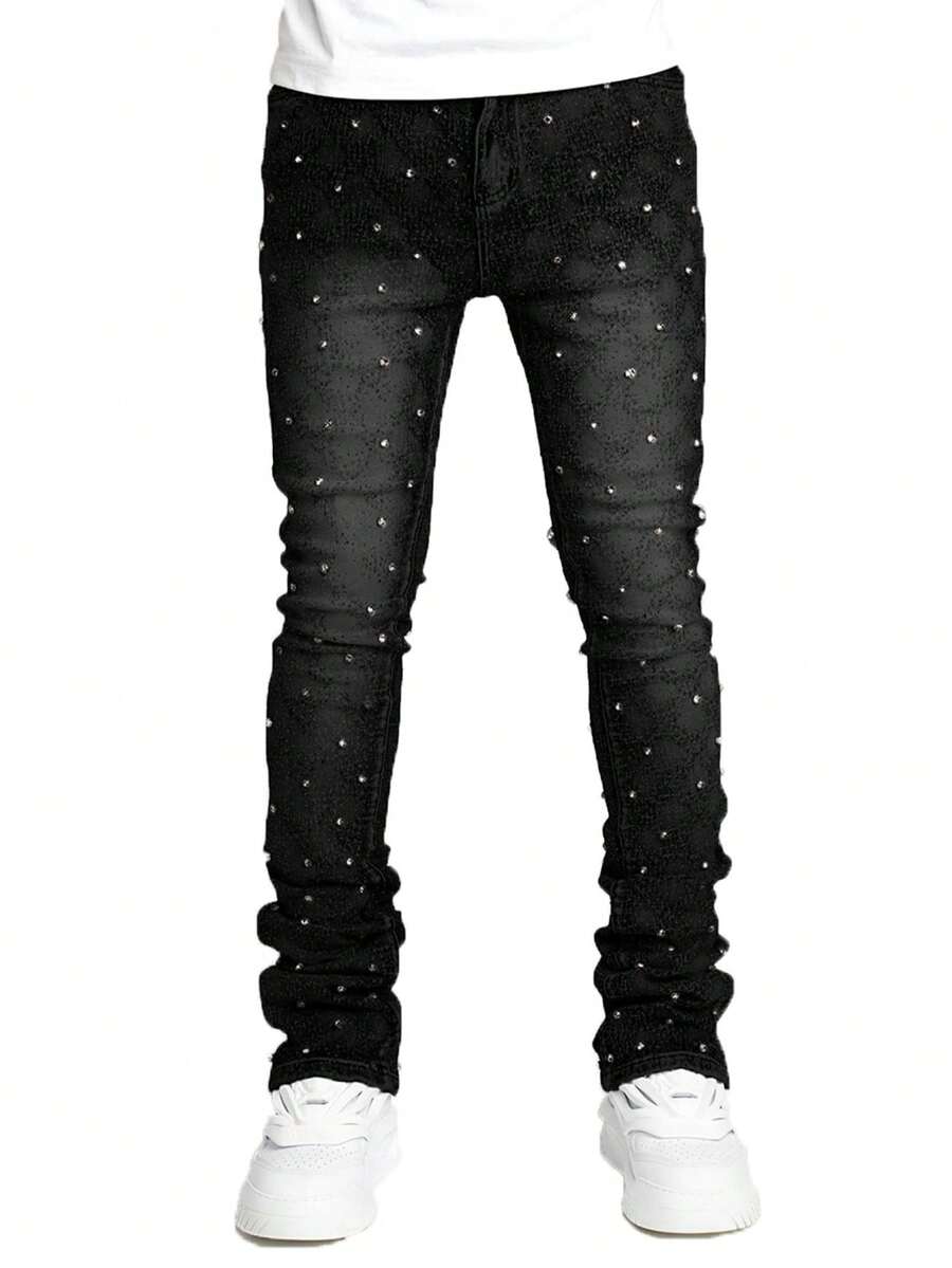 Rhinestone Skinny Stacked Jeans Mens Straight Leg Jeans Casual Pants Slim Fit Jeans Vintage Grunge Hip Hop Pants - 黑色 - 查看 1