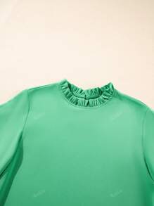 Acelitt Blusa verde con cuello redondo fruncido, manga media ancha