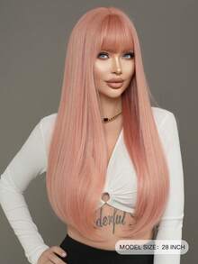 7JHH WIGS 28 Inch Long Straight Wigs For Women, Elegant Orange Pink Wig With Bangs Mixed Blonde Highlight Hair,Natural Looking Fluffy Very Soft Synthetic Heat Resistant Fiber Full Machine Hair Wig For Party Wear, Music Festival Celebrations & Cosplay Anime Use - 藕粉色 - 查看 4