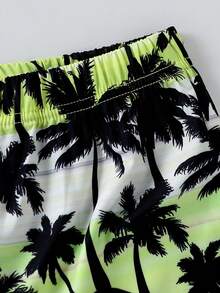 2 Pieces Casual Set: Tween Boys Tree Pattern Sleeveless T-Shirt And Elastic Waist Hawaiian Shorts - Mustard Yellow - View 7