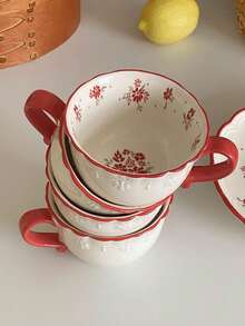 1 pieza/2 piezas/4 piezas Taza de té de la tarde de cerámica con relieve floral rojo estilo coreano Ins, taza de café de cerámica floral vintage, apta para desayuno, leche, postre, agua, oficina, sala de estar, uso diario