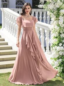 UNITHORSE Fabric 女士优雅露肩短袖雪纺修身系带腰蕾丝边优雅新娘礼服 - 藕粉色 - 查看 3