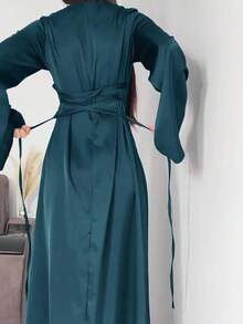 女士优雅长袖纯色连衣裙 春季 - 水鴨藍 - 查看 2