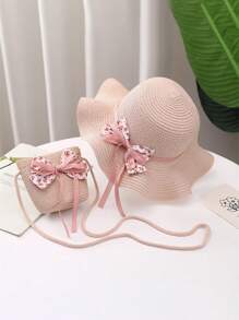 2 pièces/ensemble Chapeau de paille et sac pour enfants, chapeau de soleil de plage à nœud en ruban fleuri, respirant pour une protection quotidienne et de plage