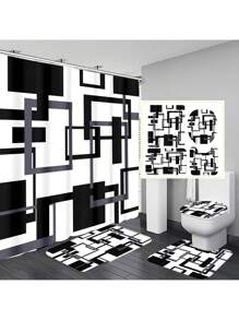 1pc/4pcs Abstract Modern Pattern Bathroom Waterproof Shower Curtain Set With 12 Hooks, Non-Slip Bath Mat, U-Shaped Contour Rug, And Round Toilet Lid Cover, Full Scene Bathroom Decor Set Back To School