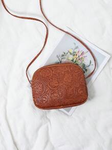 Torebka typu crossbody ze sztucznej skóry z wytłoczonym wzorem kwiatowym dla kobiet, modna, słodka torebka na telefon komórkowy, swobodna torba na ramię z zamkiem błyskawicznym