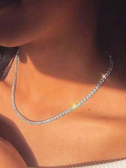 1pc Minimalist Rhinestone Tennis Necklace, Women's Crystal Short Chain, Hip Hop Style Accessory Jewelry