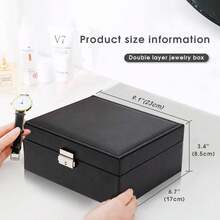 Jewellery Box Organiser Large Layer Earring Storage Organiser PU Leather Lockable Jewellery Case With Key For Necklace Ring Bracelet - Black - View 4