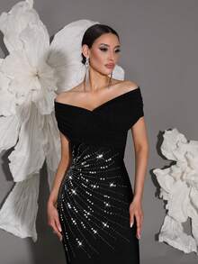 Handmade Beaded Off-Shoulder Bodycon Bandage Dress, Sexy & Fitted, Suitable For Family Gatherings, Parties, Formal Events - Black - View 5