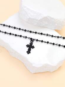Cuiwrgrs 2pcs Gothic Style Cross Pendant Necklaces, Punk Dark Multi-Layer Necklace Accessories - Black - View 5