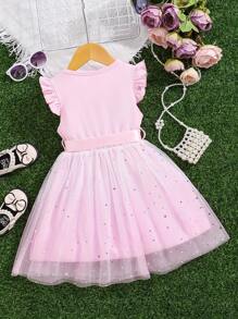 coviviky Conjunto de top acanalado de manga corta y falda de tul con estrellas degradadas para niñas, incluye cinturón, dulce y elegante para fiestas, bodas, verano