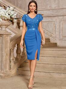 MIUSOL Elegant Sequin Lace Puff Sleeve Ruched High Slit Bodycon Cocktail Dress, Semi-Formal Women's Dress Suitable For Wedding Guests, Graduation Ceremonies, Galas And Other Occasions - Blue - View 9