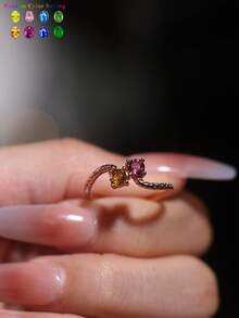 1pc 925 Sterling Silver Plated 18K Gemstone Ring, Random Color Emerald, Minimalist Luxury, Petite & Elegant Design, Suitable For Dinner Date, Party, Beach Vacation - Multicolor - View 1