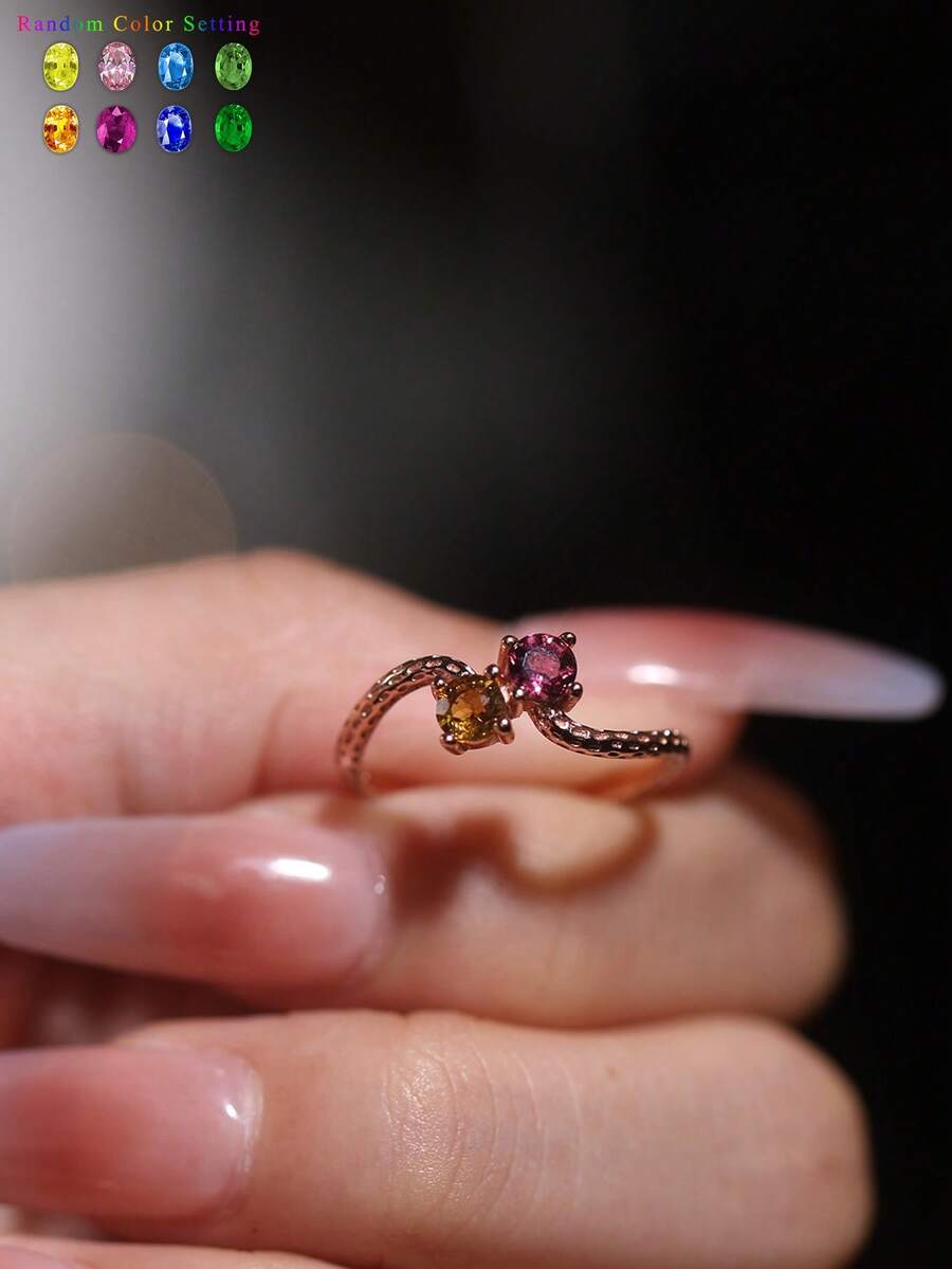 1pc 925 Sterling Silver Plated 18K Gemstone Ring, Random Color Emerald, Minimalist Luxury, Petite & Elegant Design, Suitable For Dinner Date, Party, Beach Vacation - Multicolor - View 1