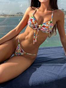 新品春夏抽绳抹胸彩色花朵吊带比基尼套装