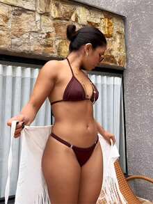 Sexy Tanning Bikini With Adjustable Thin Strap And Thong - 鏽棕色 - 查看 1