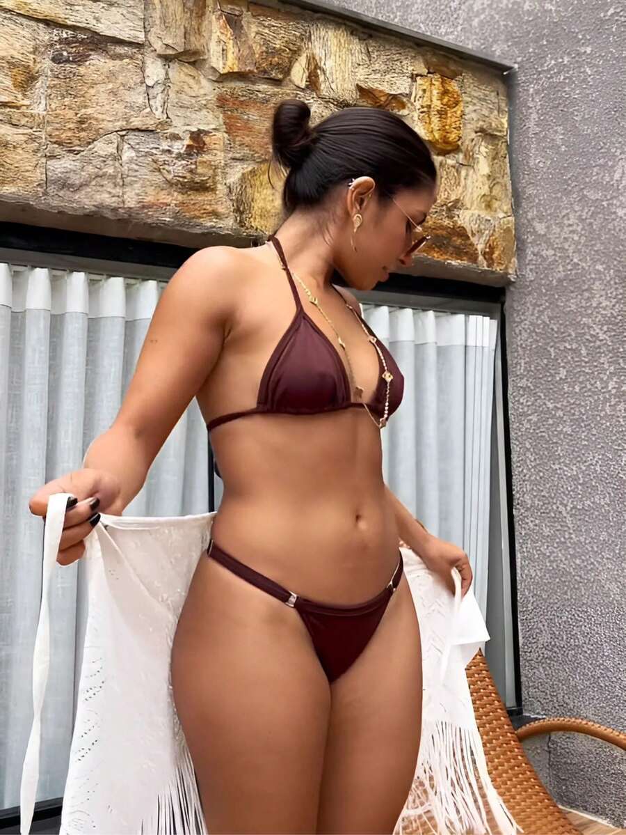 Sexy Tanning Bikini With Adjustable Thin Strap And Thong - 鏽棕色 - 查看 1