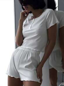 2pcs Women Summer New Solid Color Knitted Ribbed Soft Cozy Round Neck Short Sleeve T-Shirt And Shorts Loungewear Set, Suitable For Home Use