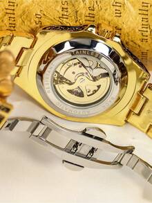 One Men's Black Gold Carved Steel Band Retro Niche Exquisitely Crafted High-Value Fashion Business Fully Automatic Mechanical Watch - Đỏ - Xem 4