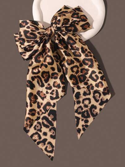 1st Hårrosett för flickor Stor rosett hårklämmor med lång svans hårband Satin Leopard hårbåge för flickor hästsvans hårtillbehör