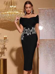 全新性感露肩露背黑色连衣裙，带水钻花朵装饰，优雅适合婚礼、派对、节日、女士礼服