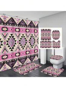 1pc/4pcs Boho Style Bathroom Decor Set: Waterproof Shower Curtain With 12 Hooks, Non-Slip Bath Mat, U-Shaped Toilet Mat, And Round Toilet Seat Cover, Multi-Functional Bathroom Accessory Set Back To School