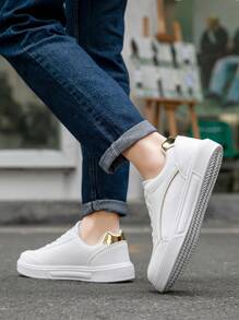 Plus Size Men's Casual Sneakers, Leather Upper Lightweight Trainers, Unisex White Shoes For Students