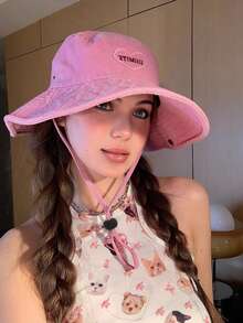 1pc Unisex Sweet Cute Heart Embroidered Pink Patch Bucket Hat With Wind Cord, Versatile For Outdoor Hiking, Fishing, Sports, Beach, Riding, Travel,Summer - Pink - View 5